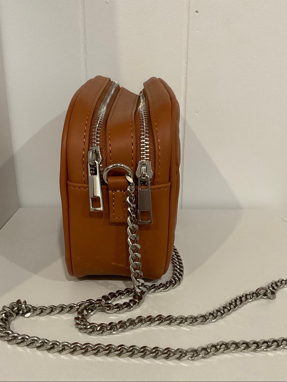 Quilted Tan Crossbody Bag with Silver Chain Strap - Picture 2 of 3